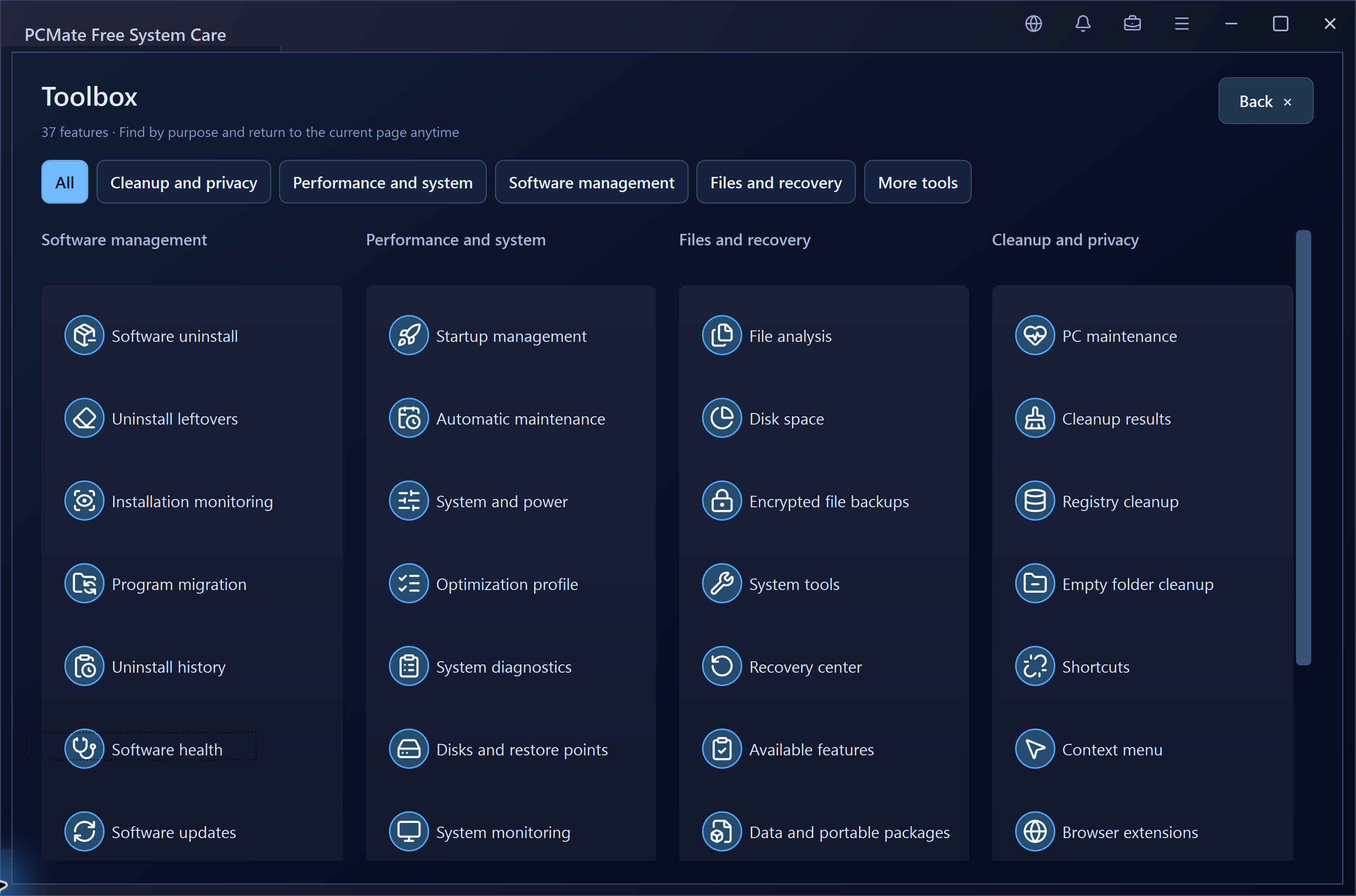 PCMate Free System Care Toolbox in the real Windows application