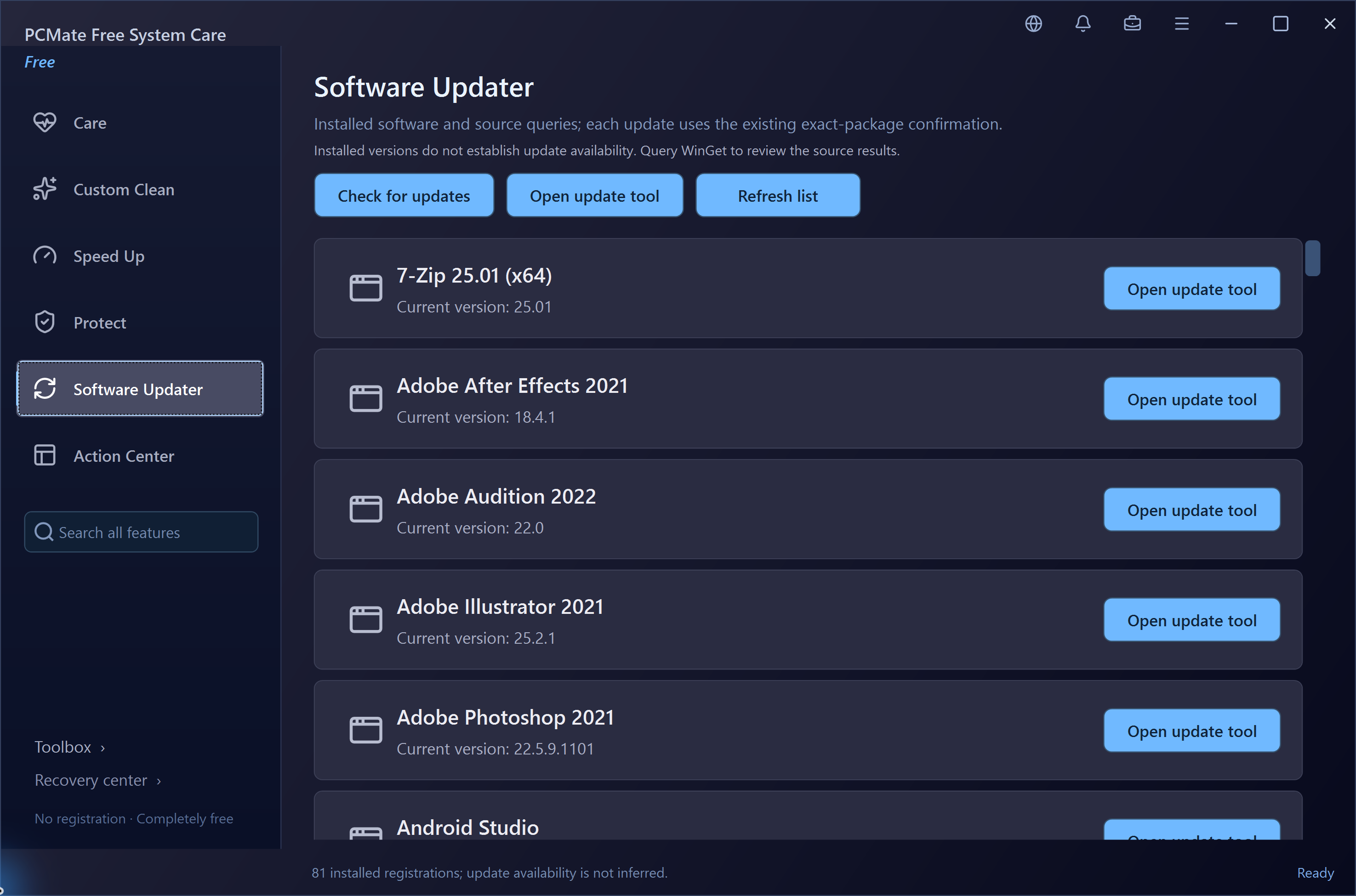 PCMate Free System Care Software Updater in the real Windows application