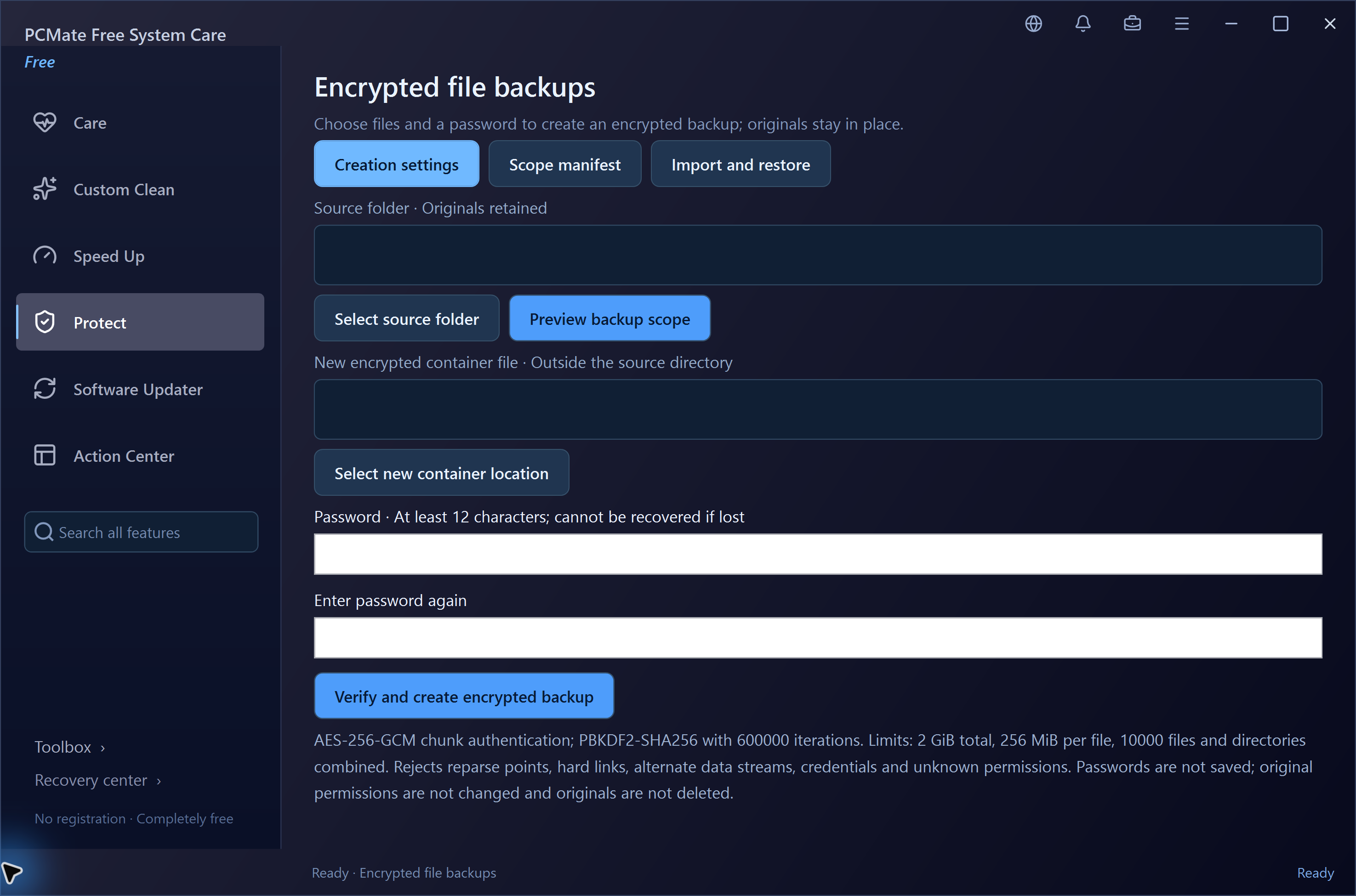 PCMate Free System Care Encrypted file backups in the real Windows application